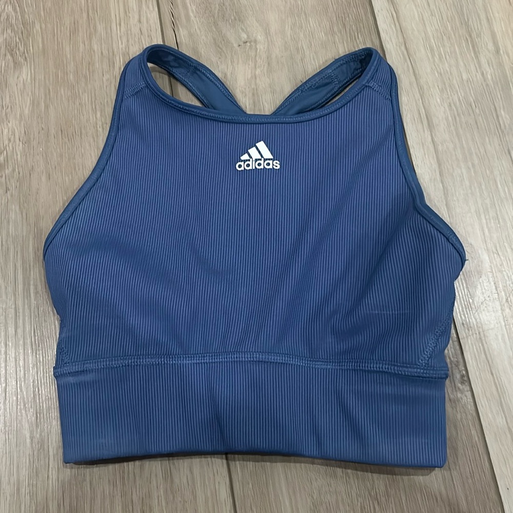adidas Blue Ribbed High-Neck Sports Bra